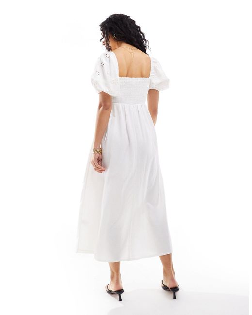 New Look White Shirred Waist Broderie Detail Sleeve