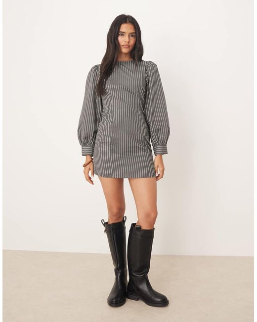 ASOS Gray Poplin Crew Neck Sculpted Mini Dress With Volume Sleeve