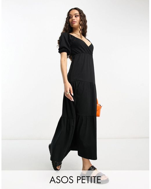 ASOS Asos Design Petite - Gelaagde Midi-jurk Met Korte Mouwen En Overslag in het Black