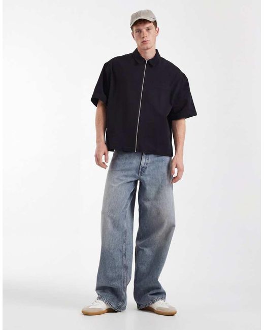 ASOS Black Boxy Oversized Zip Through Shirt for men
