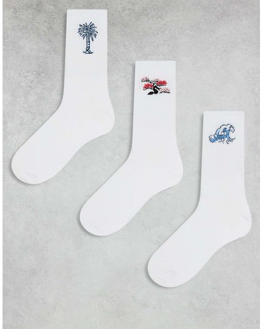 Jack & Jones Gray 3 Pack Of Tennis Socks With Palm, Blossom & Wave Motifs for men