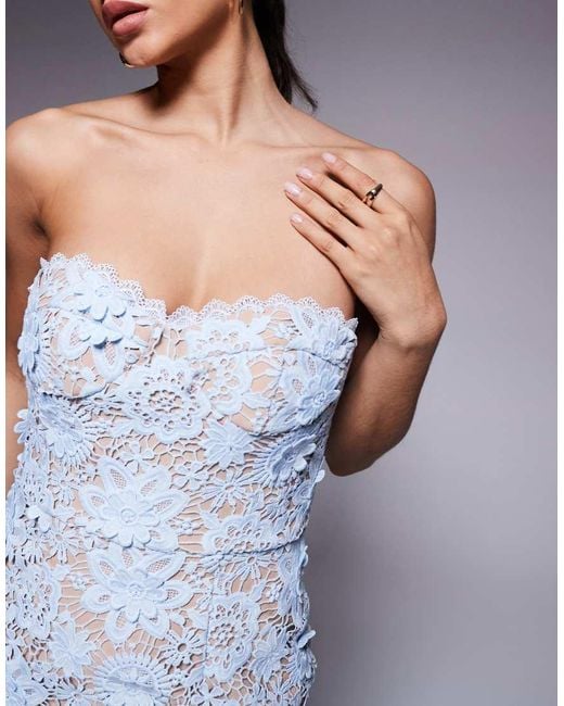 Jarlo Blue Floral Crochet Lace Bandeau Midi Dress