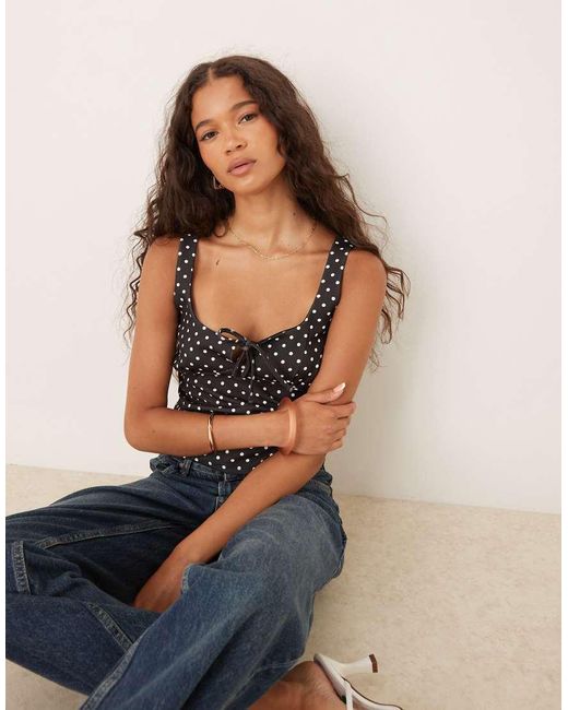Top De Estilo Mesonera Con Pecho Fruncido, Detalle De Lazada Y Estampado De De ASOS de color Blue