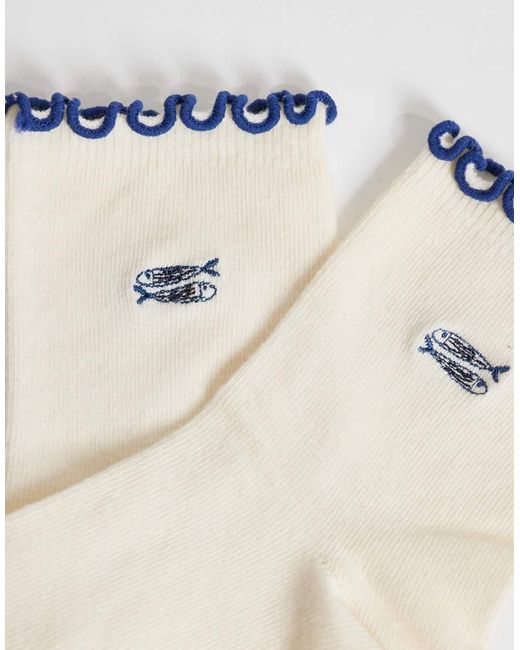 ASOS Natural Frill Edge Ankle Socks With Sardine Embroidery