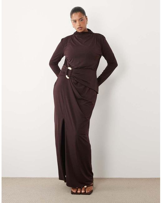Tfnc Plus Brown Mesh Trim Detail High Split Maxi Dress