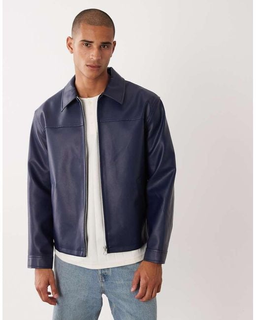 ASOS Blue Faux Leather Harrington Jacket for men