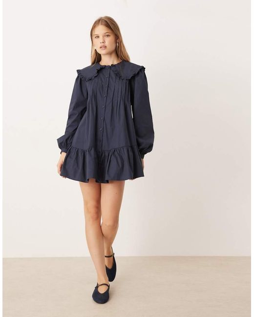 Glamorous Blue Long Sleeve Poplin Pintuck Shirt Mini Dress