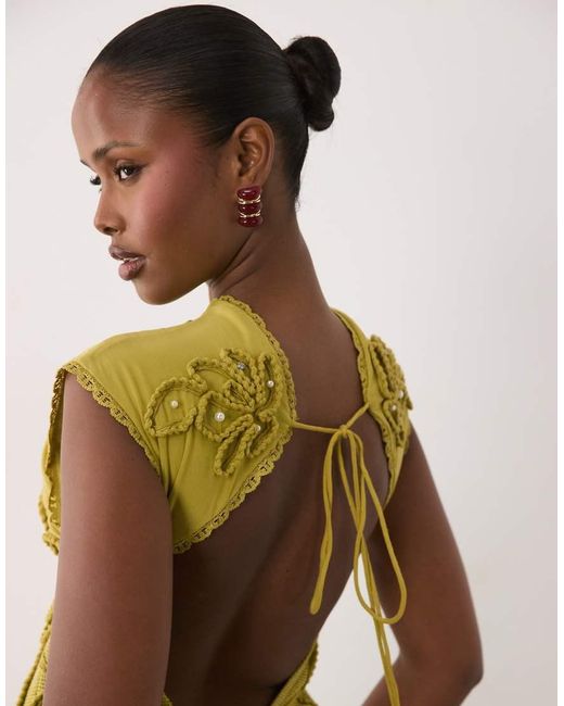 ASOS Multicolor High Neck Maxi Dress With Corded Embroidery & Scattered Pearls