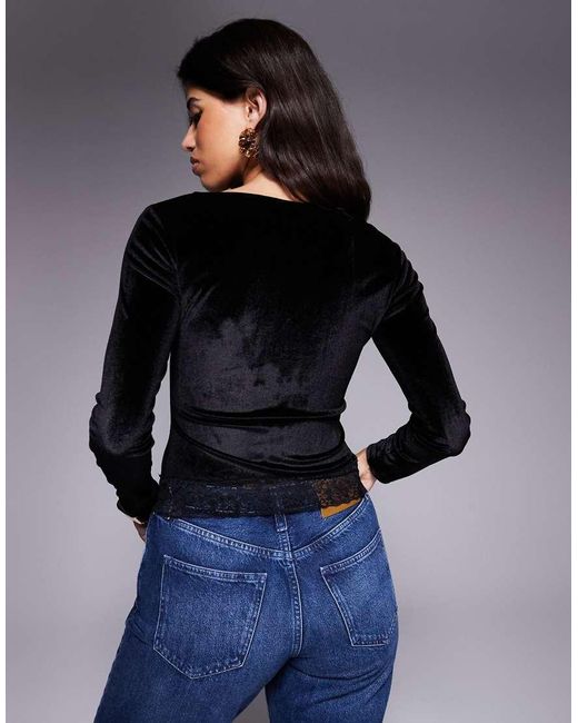 ASOS Blue Velvet Cord Scoop Neck Top With Lace Trim Hem Detail