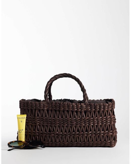 Mango Brown Woven Rectangle Tote Bag