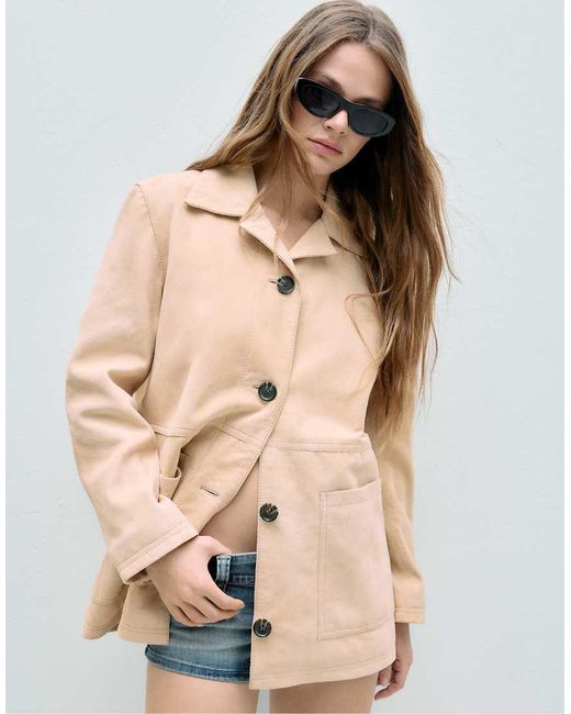 Stradivarius White Leather Jacket With Pockets