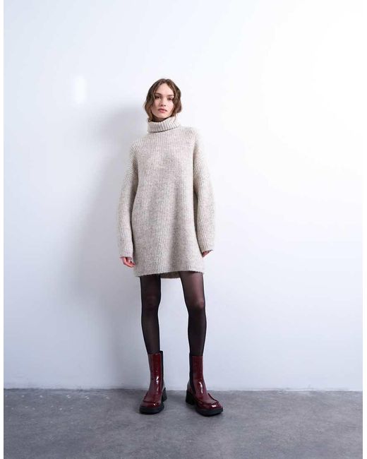 TOPSHOP White Knitted Roll Neck Mini Dress