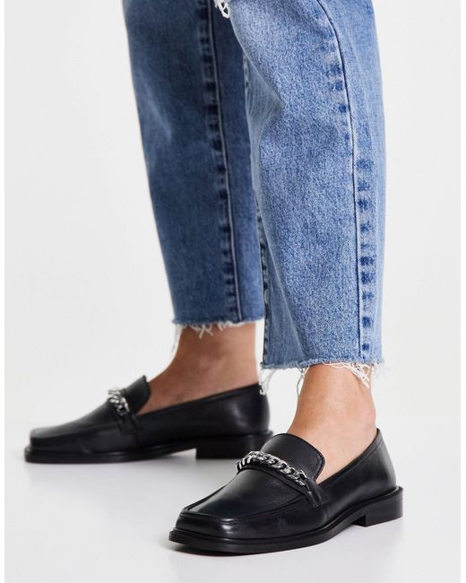 ASOS Marcia Leather Square Toe Loafers With Chain in Black - Lyst