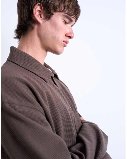 Topman Brown Boxy Fit Waffle Polo Sweat for men
