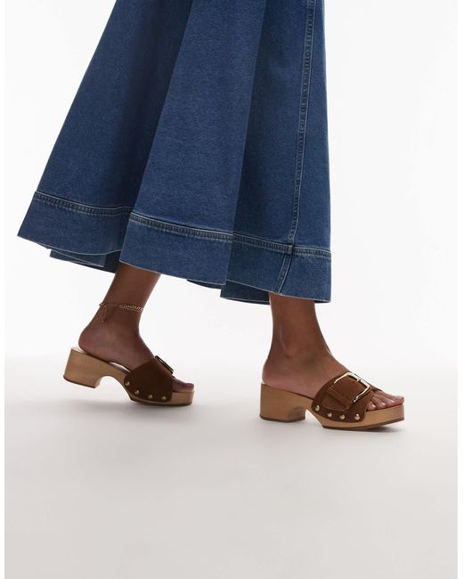 ARKET Blue Wooden Heeled Clogs With Real Suede Strap And Gold Buckle