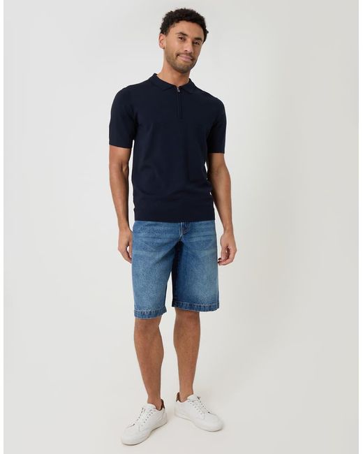 Threadbare Blue Quarter Zip Knitted Polo for men