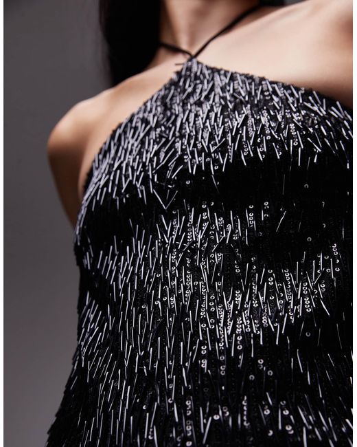 TOPSHOP Needle Sequin Halter Mini Dress in Black | Lyst