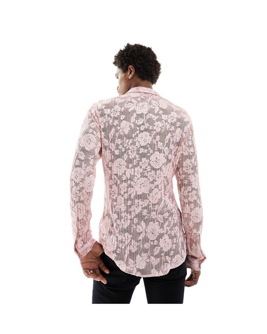 ASOS Pink Long Sleeve Plisse Lace Shirt for men