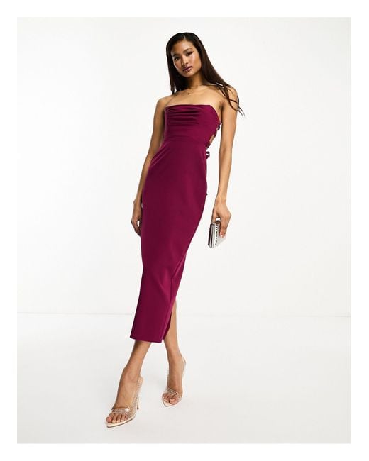 ASOS Red Pleat Bandeau Midi Dress With Lace Up Back Detail