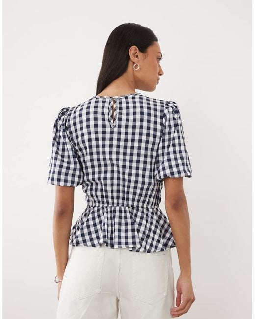 Threadbare Blue Textured Shirred Top With Puff Sleeves
