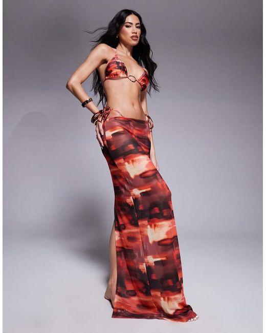 South Beach Red Abstract Print Mesh Maxi Beach Skirt