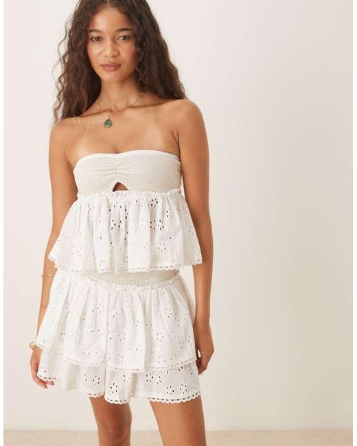 Iisla & Bird Natural Shirred Broderie Mini Tiered Beach Skirt Co-ord