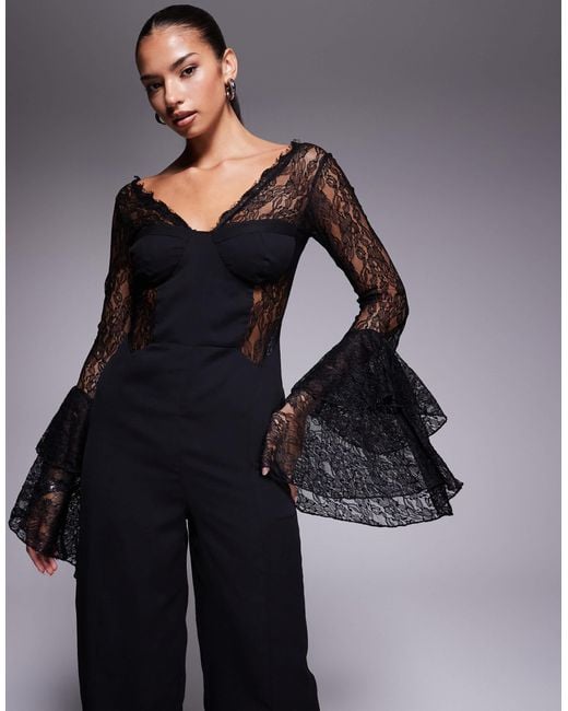 ASOS Black Corset Detail Jumpsuit With Lace Ruffle Sleeves