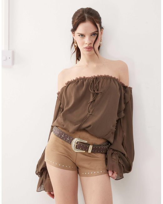The Kript Brown Boho Off Shoulder Ruffle Top