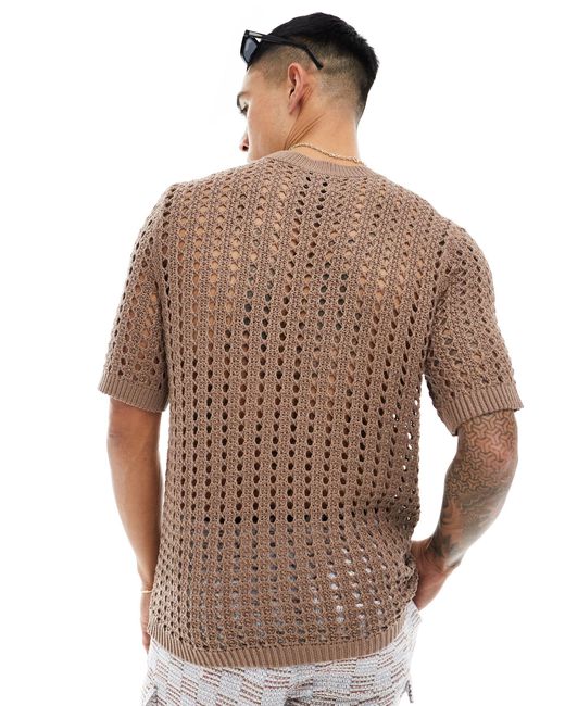 ASOS – locker geschnittenes t-shirt aus pointelle-strick in Brown für Herren