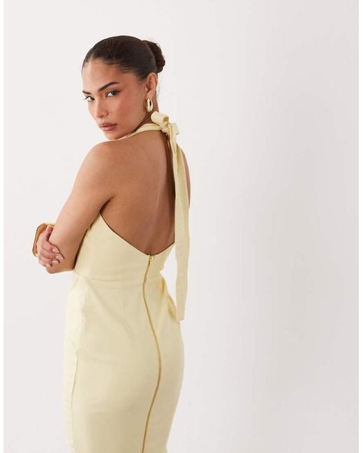 Vesper Petite Natural Bengaline Scoop Halterneck Tie Detail Midi Dress