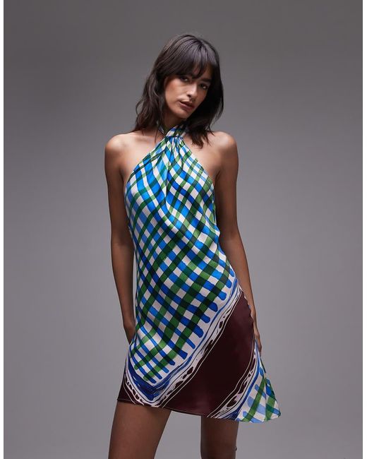 TOPSHOP Mini Jurk Van Satijn Met Gestrikte Hals in het Gray