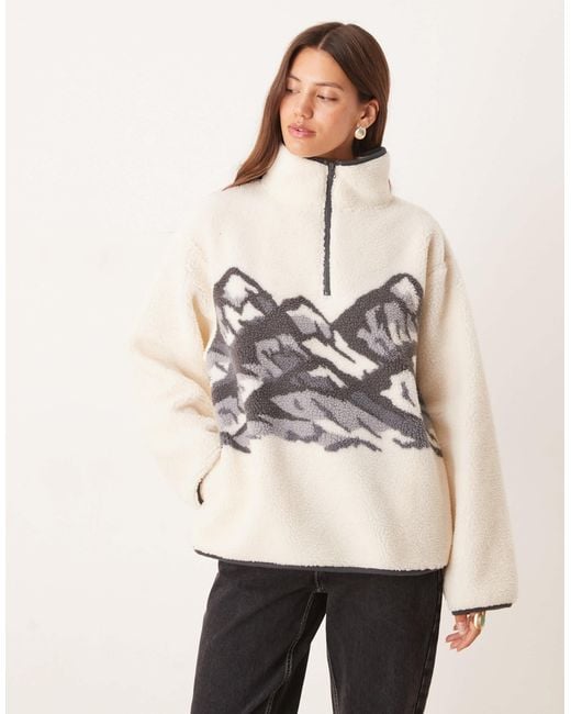 ASOS Natural Borg Zip Through Fleece With Placement Mountain Print
