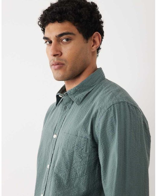 SELECTED Gray 100% Cotton Long Sleeve Seersucker Shirt for men
