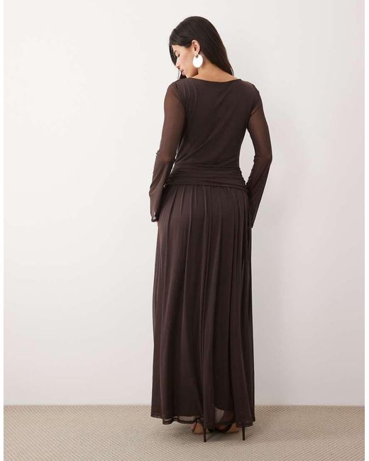 DASKA Brown Drop Waist Mesh Maxi Dress With Twist Detail