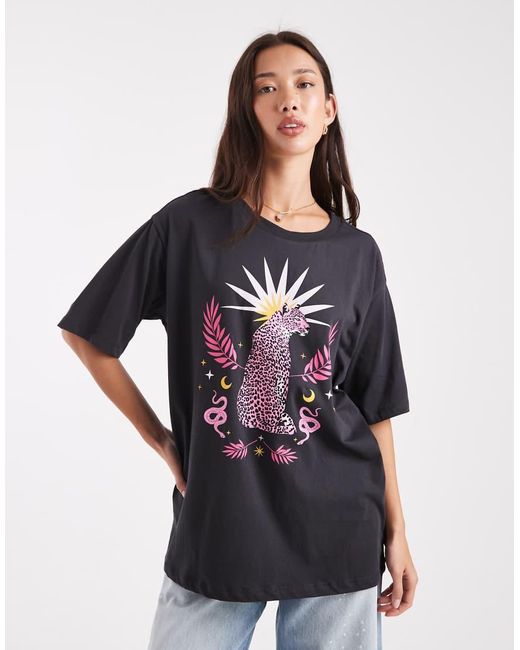 ONLY Black Leopard Graphic Oversized Fit T-shirt