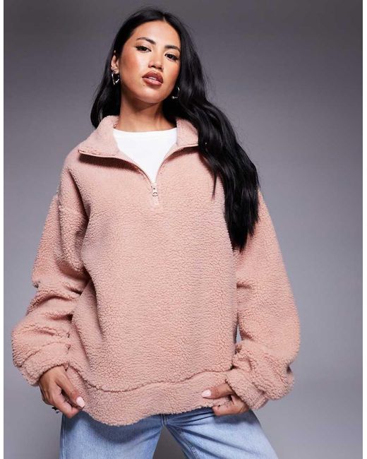ASOS Pink Weekend Collective Borg Zip Through Fleece With Burnout Graphic