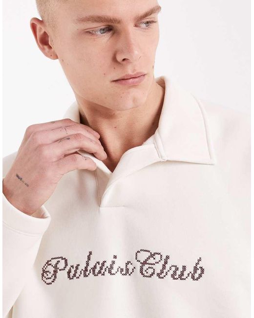 ASOS Natural Relaxed Polo Sweatshirt With Embroidered Text for men