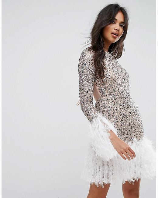 ASOS Metallic Long Sleeve Embellished Feather Hem Mini Dress