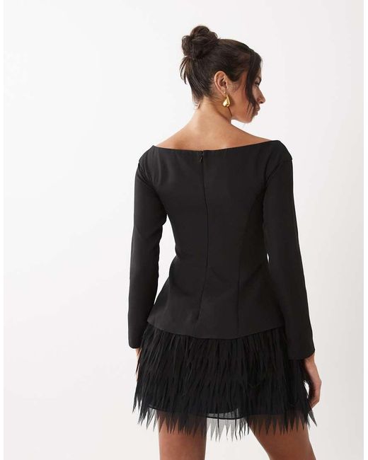 ASOS Black Structured Long Sleeve Mini Dress With Fringe Skirt
