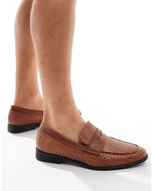 London Rebel Brown Wide Fit Wide Fit Faux Leather Woven Loafers for men