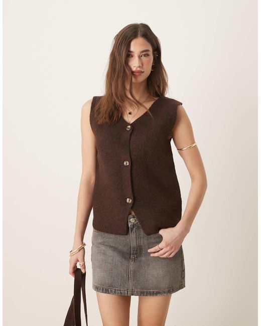 Threadbare Brown Button Down Knitted Singlet
