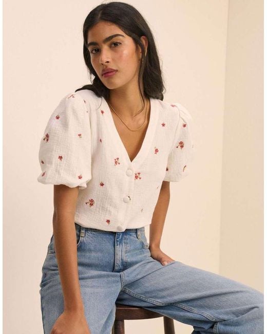 Nobody's Child Natural And Floral Puff Sleeve Top