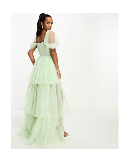 Exclusivité - robe longue en tulle asymétrique à épaules dénudées - sauge LACE & BEADS en coloris Green