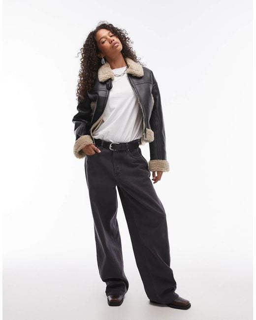 TOPSHOP Black Faux Leather Shearling Fitted Aviator Jacket