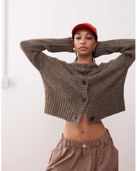 Collusion Brown Fluffy Textured Crew Neck Cardigan