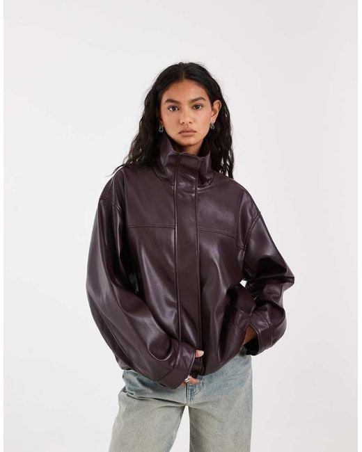 ASOS Purple Clean Leather Look Funnel Track Bomber Jacket