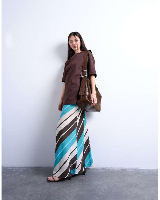 Gonna Lunga Sopra La Caviglia Marrone E Blu A Righe di TOPSHOP in White