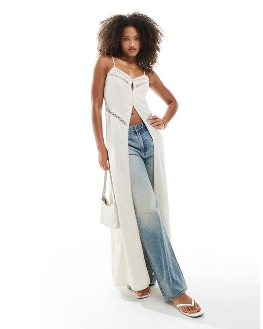 Daisy Street Blue Boho Midaxi Open Front Cami Top With Lace Trim Inserts