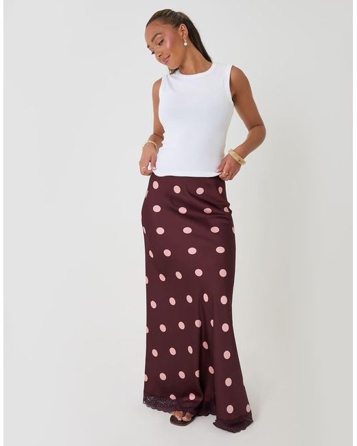 Threadbare Red Petite Polka Dot Satin Lace Trim Maxi Skirt