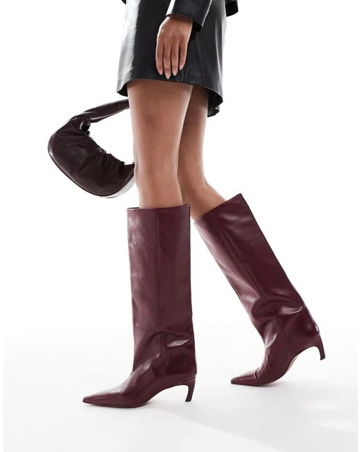 ASOS Red Cleona Premium Leather Kitten Heel Knee Boots